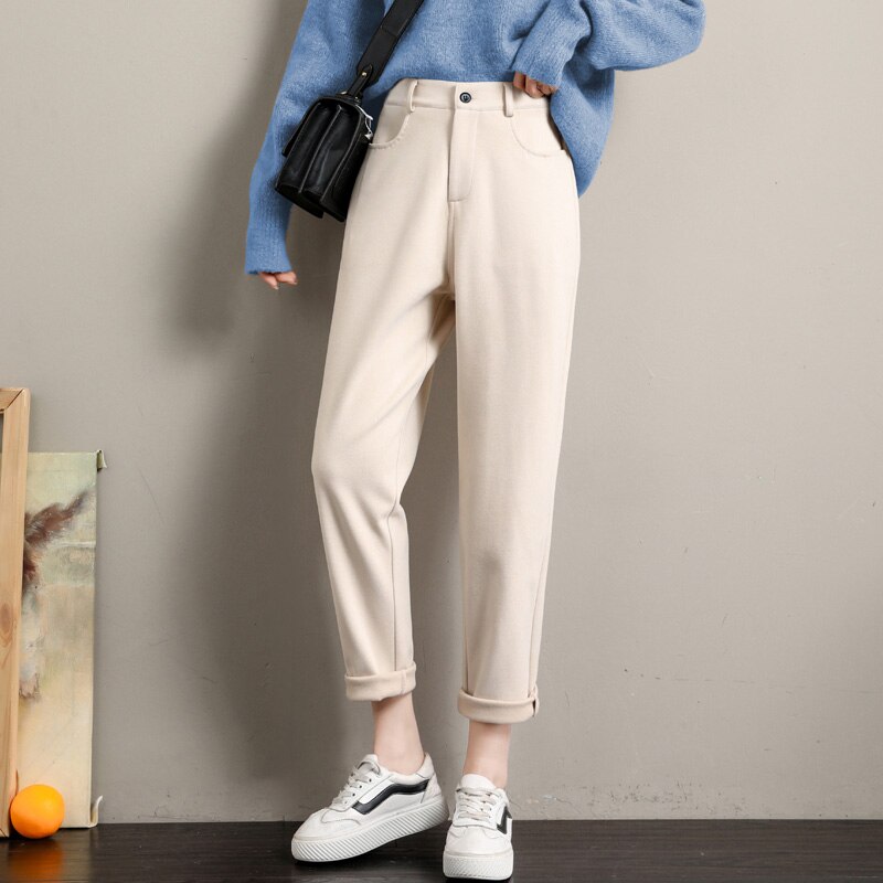 jinran New Fashion Korean Woolen Harlan Loose Daddy Pants Women'S 2022 Autumn And Winter Leisure High Waist Nine Point Radish Trousers