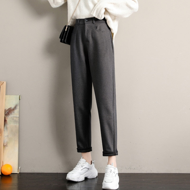 jinran New Fashion Korean Woolen Harlan Loose Daddy Pants Women'S 2022 Autumn And Winter Leisure High Waist Nine Point Radish Trousers