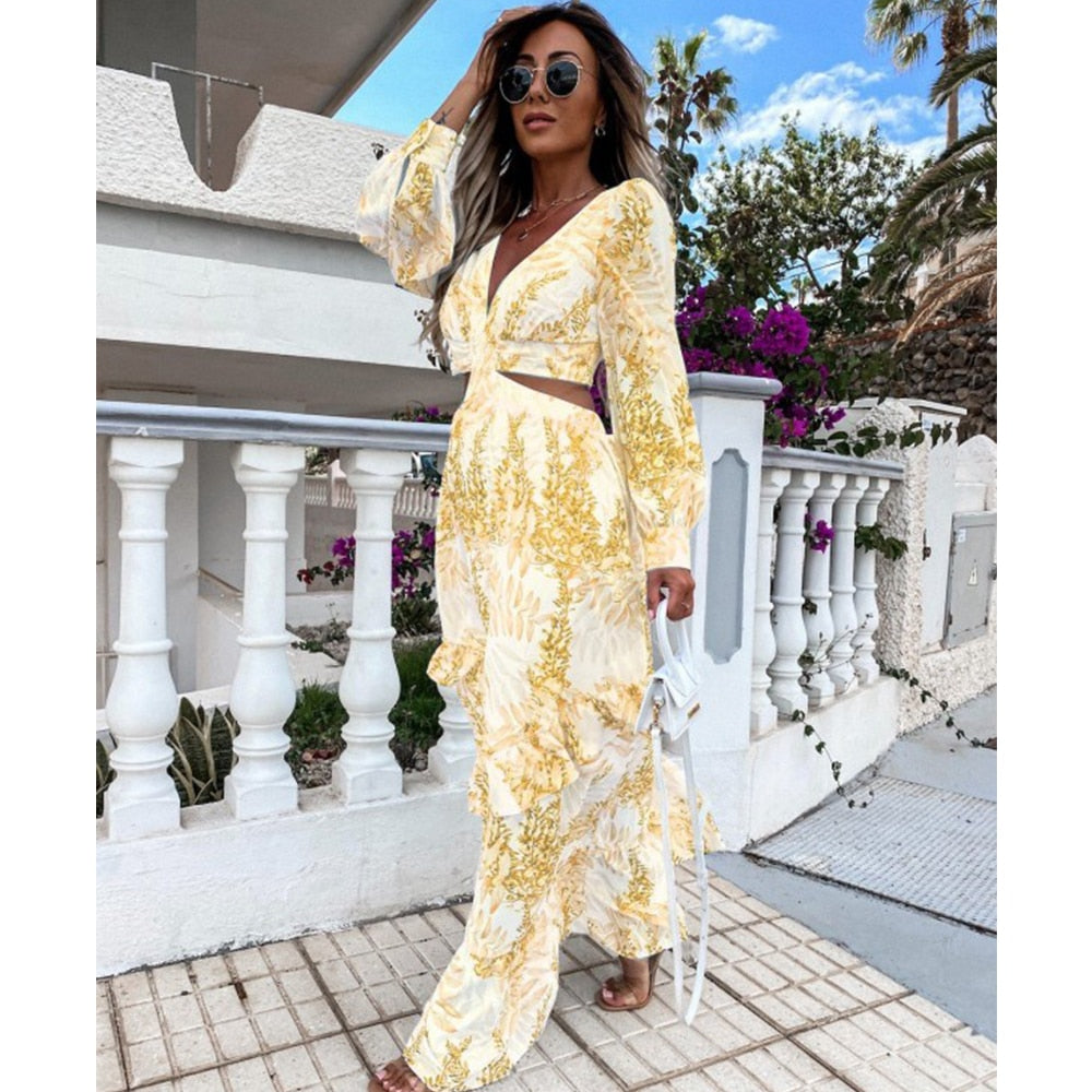 New Sexy Women Beach Dress Print Ruffle Bathing Suit Retro Cover Up Sexy Long Sleeve Swimwear Cover-Ups Tunic Bikini Beachwear