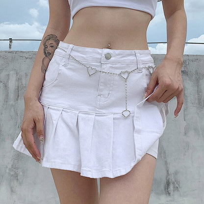 jinran Women High Waist Denim Skirt Women Summer Korean Harajuku Ruffles Jeans Skirt Shorts Punk Y2K Mini Pleated Skirt Streetwear