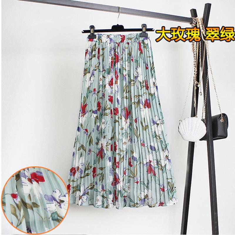 jinran Women Summer Boho Chiffon Long Skirt Elegant Floral Print Pleated Skirts Elastic High Waist Casual Midi Skirt Women Clothes 2021