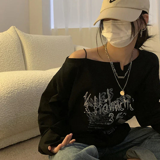 jinran Y2K T-shirt Fairy Grunge 2024 Vintage Letter Print Tops Black Autumn Off Shoulder Long Sleeved Korean Tees Loose Harajuku Shirt