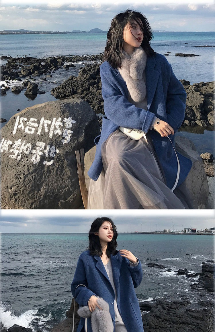 jinran 2022 Autumn Winter New Women Loose Woolen Coat Korean Lady Graceful Blue Pocket Button Long Windbreaker Student Causal Outerwear