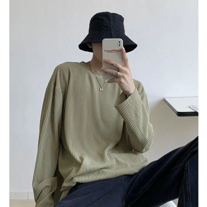 Summer Pleated T Shirt Men's Fashion Solid Color Casual Long-sleeved T-shirt Men Korean Loose Oversize Ice Silk Tshirt Mens Tops