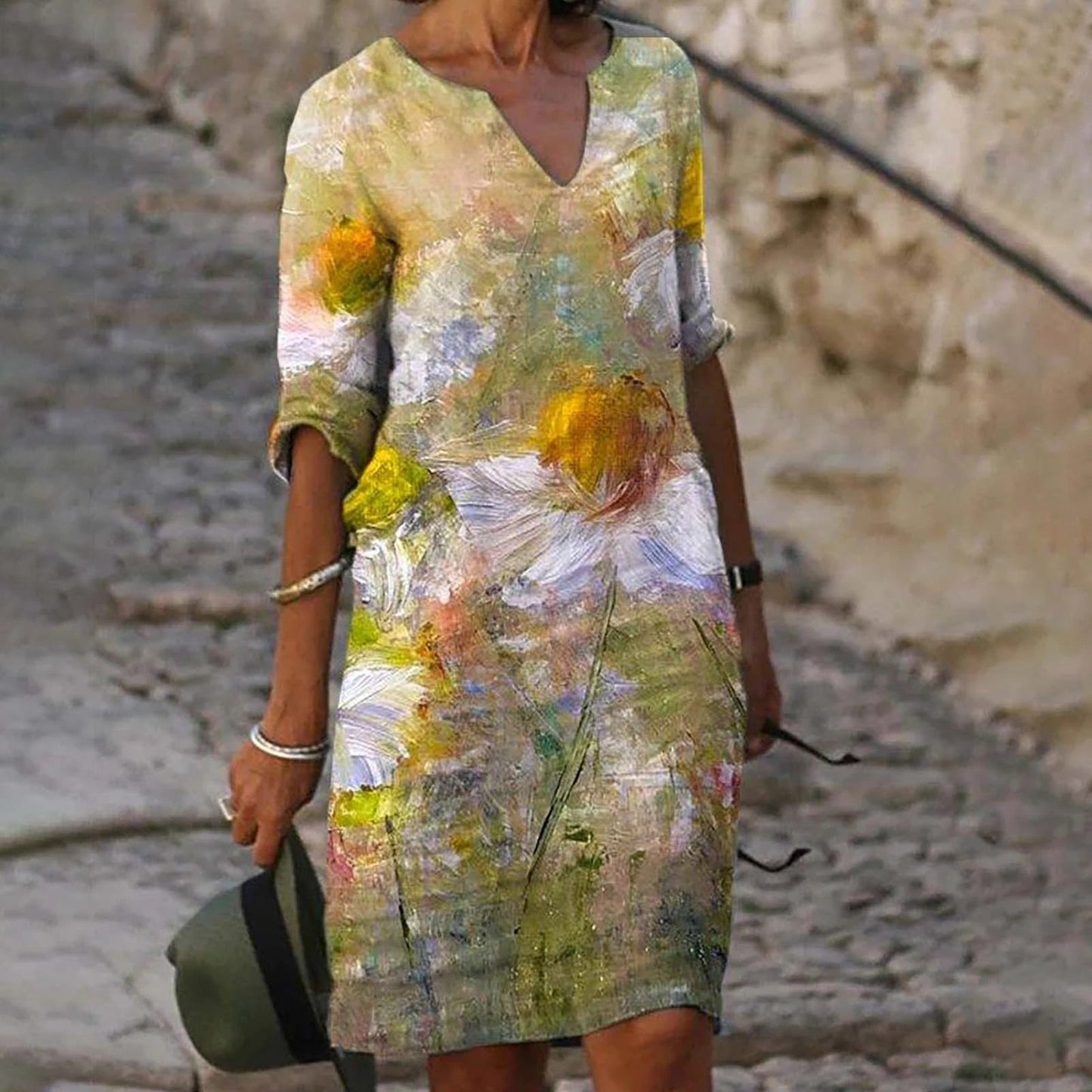 jinran Women Elegant Dress Summer Fashion Loose V-Neck Half Sleeve A-Line Dress Sundress Female Vintage Print Midi Dresses Vestidos