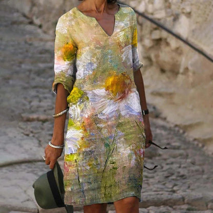 jinran Women Elegant Dress Summer Fashion Loose V-Neck Half Sleeve A-Line Dress Sundress Female Vintage Print Midi Dresses Vestidos