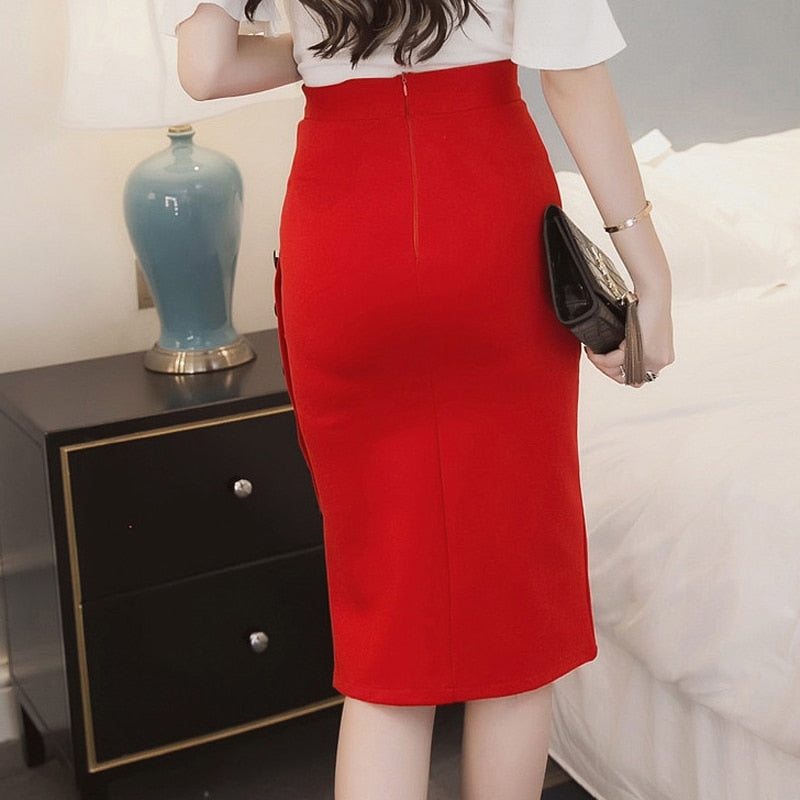 jinran New Women Elegant Slim Pencil Skirts High Waist Ladies Skirt Side Split Button Office Ladies Bodycon Fitted Skirts