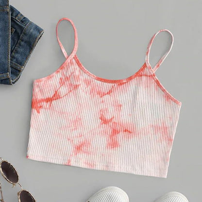 jinran Summer Sexy Camis Top Women Sleeveless Tie-Dye Print Short Slim Crop Tank Top Harajuku Ribbed Knit Spaghetti Strap Sling Vest