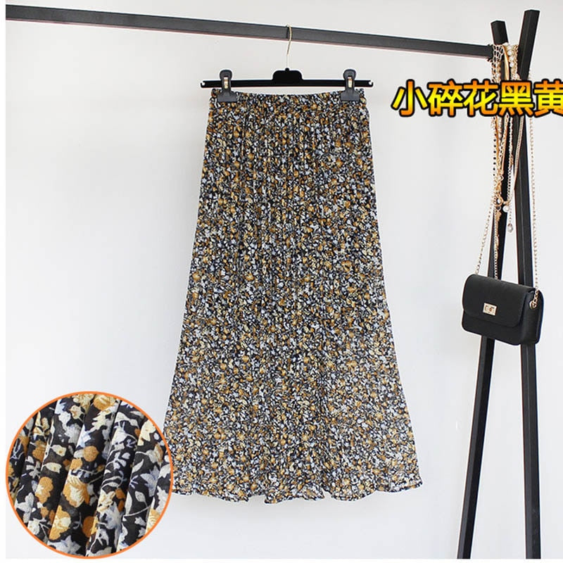 jinran Women Summer Boho Chiffon Long Skirt Elegant Floral Print Pleated Skirts Elastic High Waist Casual Midi Skirt Women Clothes 2021