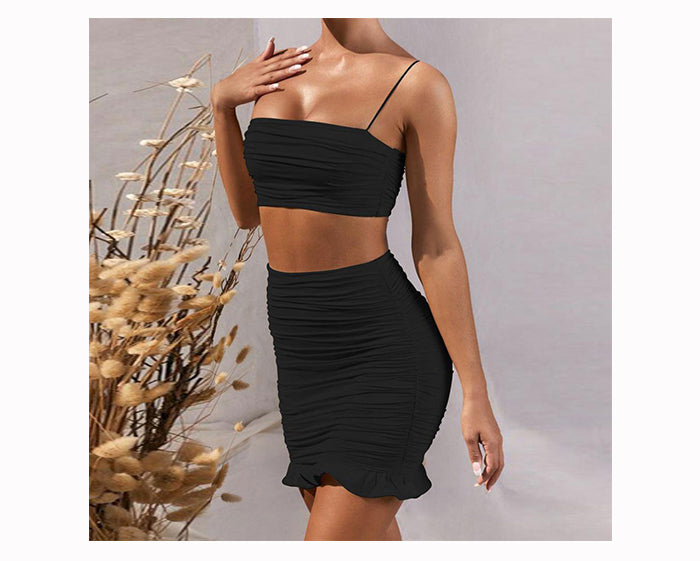 jinran Women Summer Sexy Backless Strapless Pleated Tank Top And High Waist Skim Ruffles Two Piece Sets Solid Party Club