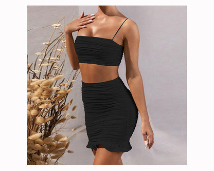 jinran Women Summer Sexy Backless Strapless Pleated Tank Top And High Waist Skim Ruffles Two Piece Sets Solid Party Club