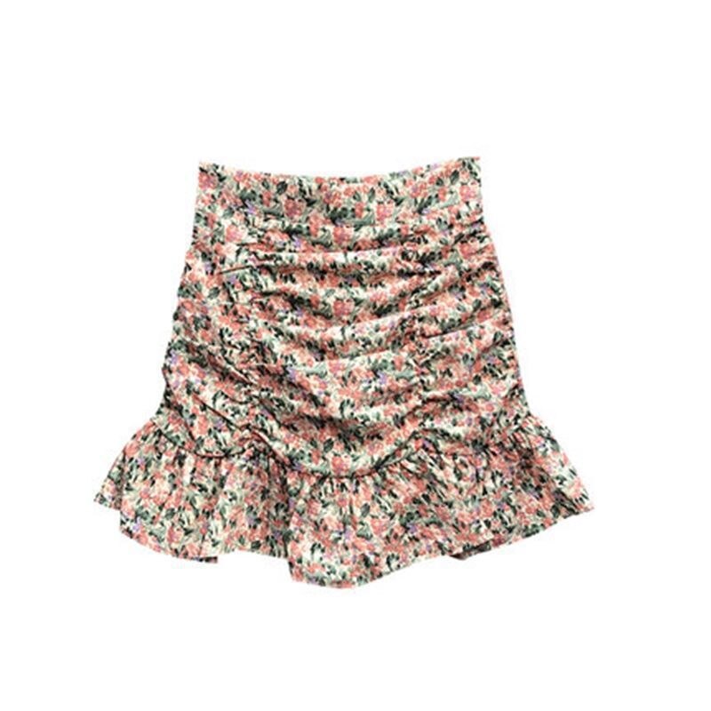 jinran Women Summer High Waist Floral Print Ruffles Mini Shirts Korean Style Elegant Pleated Bodycon Skirt Boho Beach Party Short Skirt