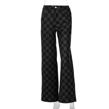 jinran Plaid Checkerboard Print Women High Waist Wide Leg Jeans Straight Pants Loose Casual Streetwear 2021 Summer Trousers