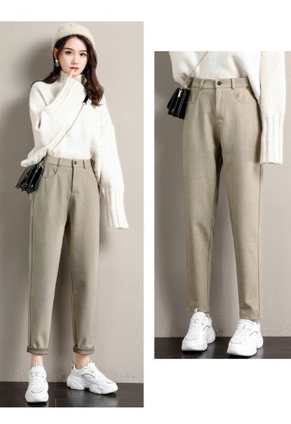 jinran New Fashion Korean Woolen Harlan Loose Daddy Pants Women'S 2022 Autumn And Winter Leisure High Waist Nine Point Radish Trousers