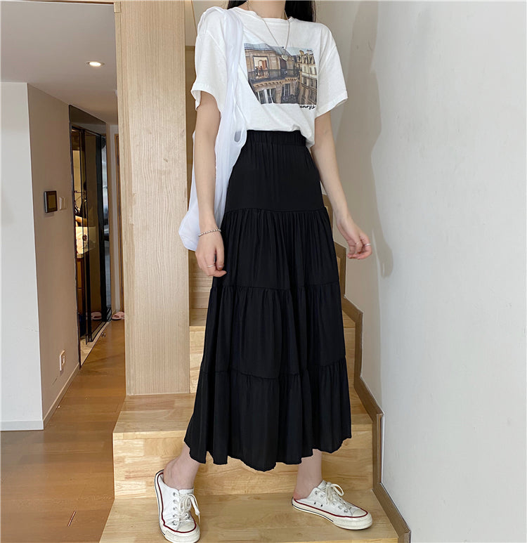 jinran Women High Waist Elegant Wild A Line Cake Skirts Summer Korean Solid White Black Chiffon Shirts Beach Vacation Midi Shirts