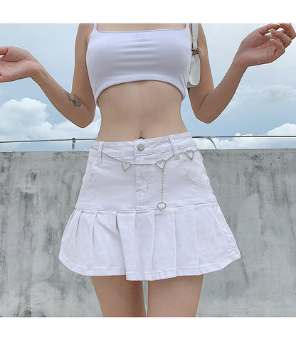 jinran Women High Waist Denim Skirt Women Summer Korean Harajuku Ruffles Jeans Skirt Shorts Punk Y2K Mini Pleated Skirt Streetwear