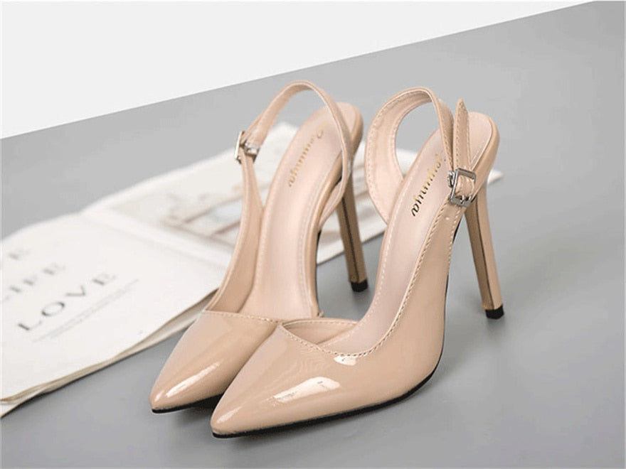 jinran Women Patent Leather Back Strap Sandals Summer Dress High Heels Woman Sexy Pointed Toe Slingback Pumps Shallow Lady Office Shoes