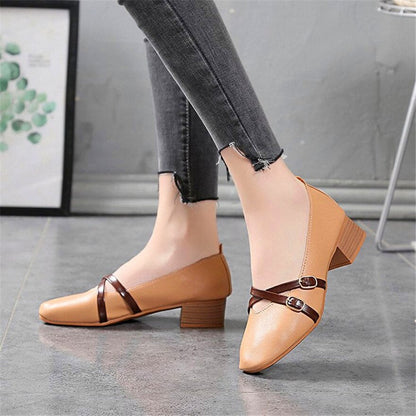 jinran Casual Women Shoes 2022 New Fashion Belt Buckle Shallow Woman Pumps Square Toe Soft Leather Med Heels Work Ladies Pregnant Shoes