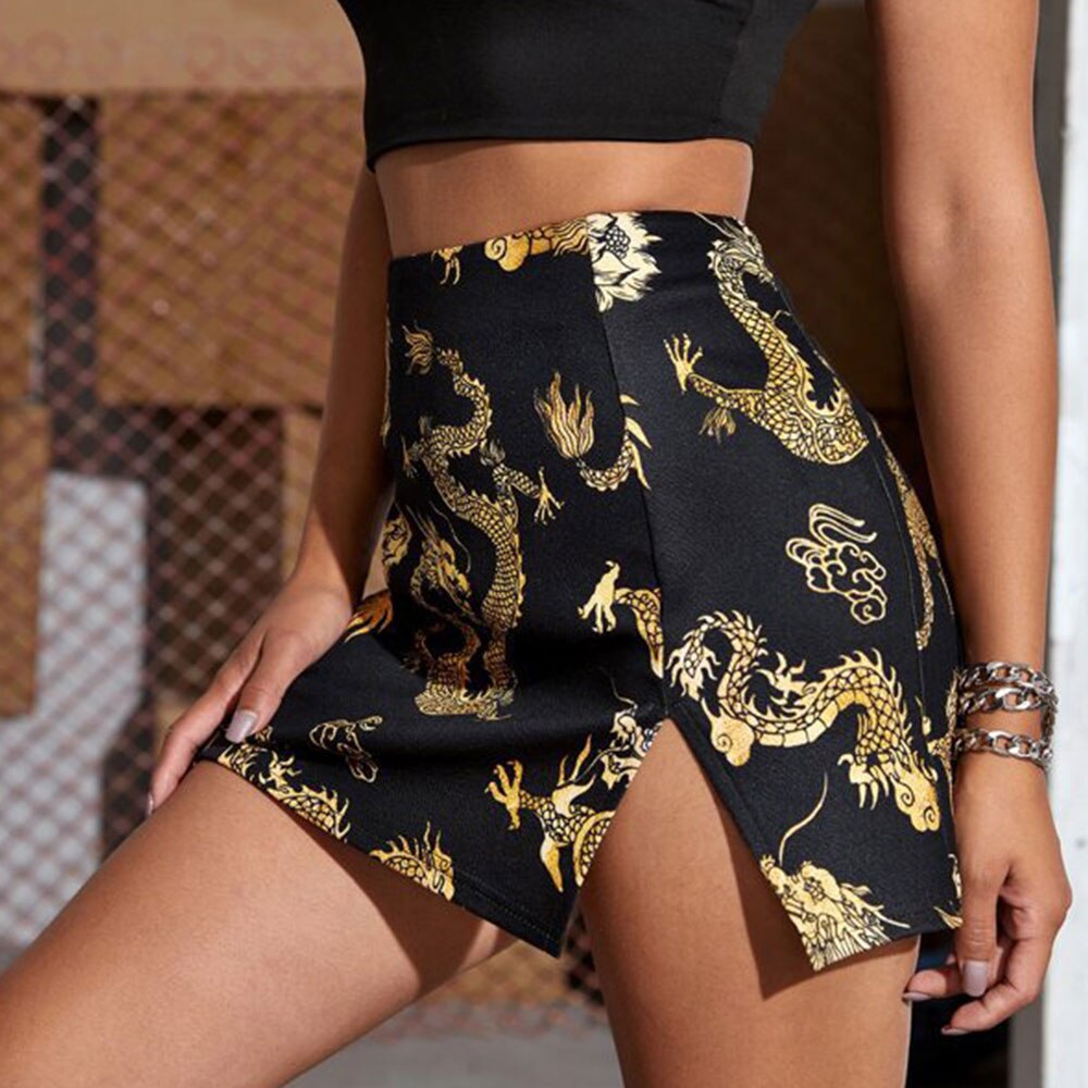 jinran Women Y2K Dragon Pattern Printing Split Vintage High Waist Skinny Summer Sexy Mini Skirt Streetwear Party Club Skim