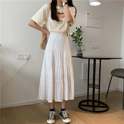 jinran Women High Waist Elegant Wild A Line Cake Skirts Summer Korean Solid White Black Chiffon Shirts Beach Vacation Midi Shirts