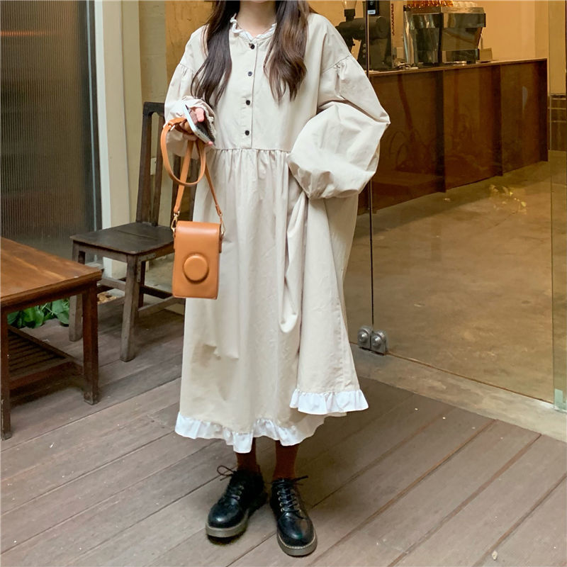 jinran Patchwork Dresses Women Loose Button Students Leisure Long Sleeve Mid-calf Ulzzang Hipster High Quality Females Daily Autumn New