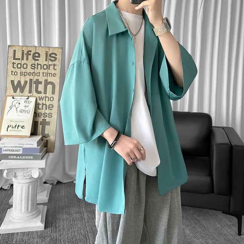 Solid Color Oversized Men's Shirts Harajuku Men Casual Half Sleeve Shirt Tops Cool Summer Streetwear Man Blouse 6 Colors