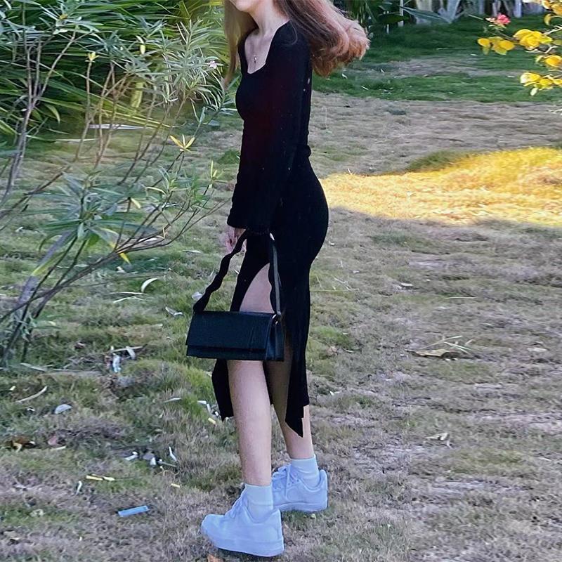 jinran Women Long Sleeve Dress Mid-calf Length Square Collar Black Sheath Retro Slim Sexy Vintage Side Slit Stretchy All-match Simple