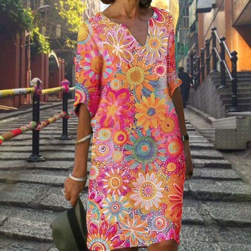 jinran Women Elegant Dress Summer Fashion Loose V-Neck Half Sleeve A-Line Dress Sundress Female Vintage Print Midi Dresses Vestidos