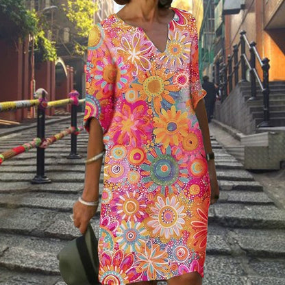 jinran Women Elegant Dress Summer Fashion Loose V-Neck Half Sleeve A-Line Dress Sundress Female Vintage Print Midi Dresses Vestidos