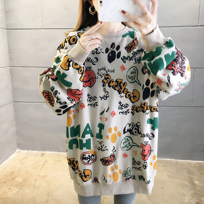 jinran O-neck Hooded Jacket Loose Long Women Pullovers Slim Autumn Korean Chic New M-XXL Size Femme Hoodie Sweatshirts Print