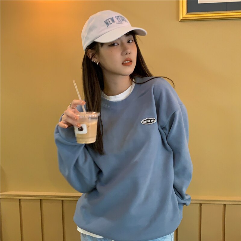 jinran New Fleece Hoodie O-Neck Casual Women's Hoodies Simple Long-Sleeved Pullover Sweatshirt College Solid Color Harajuku Top