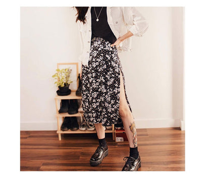 jinran Elegant Split Long Skirts Vintage Leopard Floral Print High Waist A Line Skirts Office Lady Casual Bodycon Midi Skirt