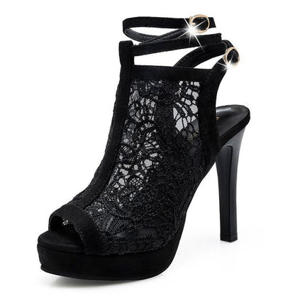 jinran Sexy Lace Mesh Platform Women Short Boots Summer Peep Toe Ankle Buckle High Heels Shoes Hollow Party Sandals Female Pumps Office