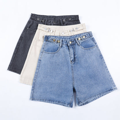 jinran New Summer Women High Waist Wide Leg Denim Shorts Casual Female Loose Fit Streetwear Solid Color Straight Jeans Shorts