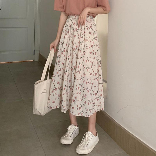jinran Vintage Floral Print A-line Pleated Long Skirts Summer Women Korean Harajuku Skirt Streetwear Boho Elastic Waist Midi Skirt 2021