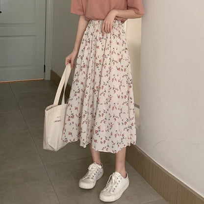 jinran Vintage Floral Print A-line Pleated Long Skirts Summer Women Korean Harajuku Skirt Streetwear Boho Elastic Waist Midi Skirt 2021