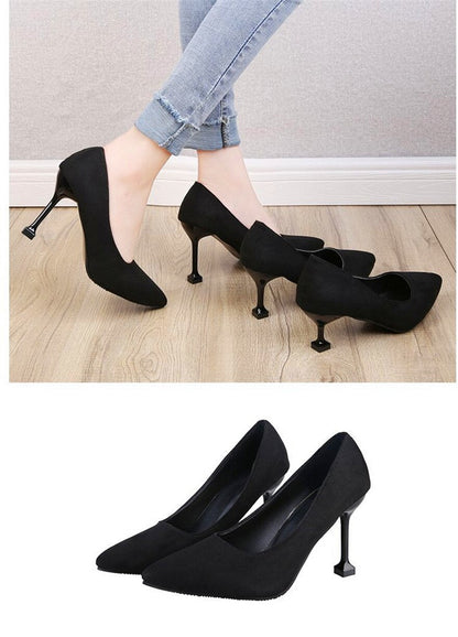 jinran 5/7/9cm Comfort High Heels Ladies Work Shoes New Autumn Black Flock Shallow Wild Women Pumps Pointy Toe Dress Office Shoes Woman