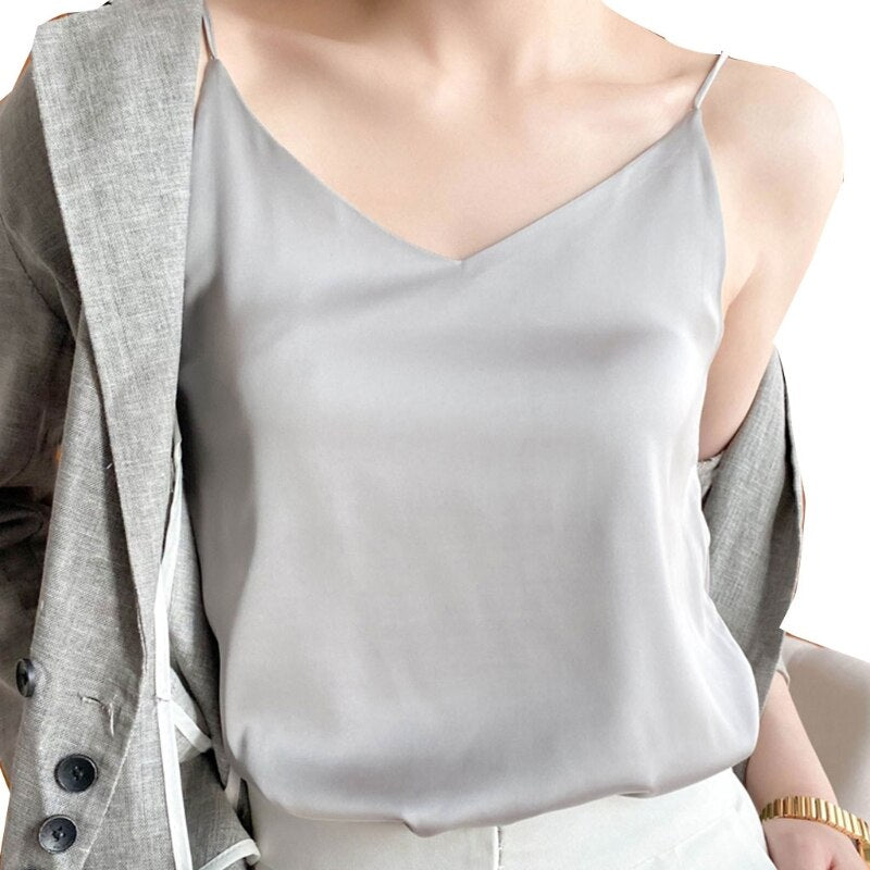 jinran Women Loose V-neck Sleeveless Crop Tank Top 2022 Office Lady Summer Solid Thin Camisole Female Casual Basic Spaghetti Strap Vest