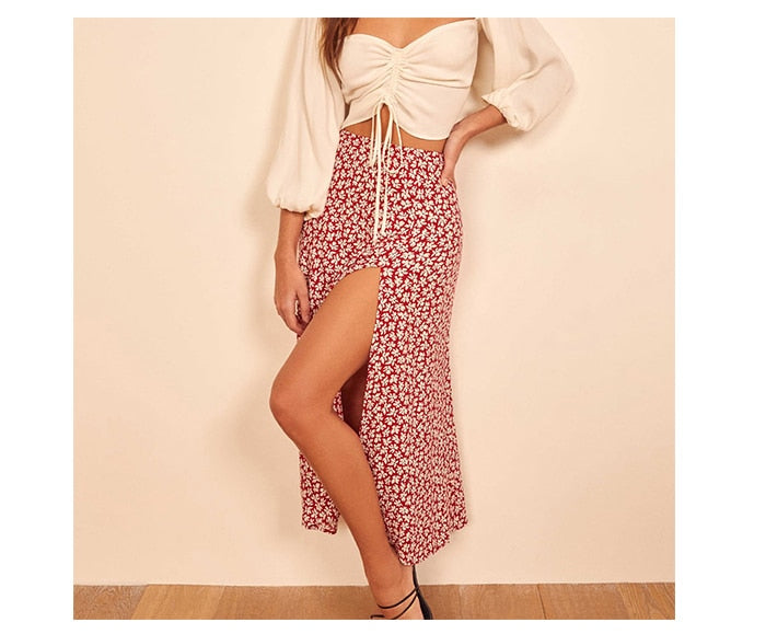 jinran Elegant Split Long Skirts Vintage Leopard Floral Print High Waist A Line Skirts Office Lady Casual Bodycon Midi Skirt