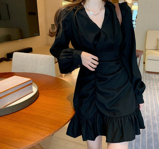 jinran Women Long Sleeve Dresses Solid Ruffles Elegant Gentle Sweet V-neck Shirring Ulzzang Trendy A-line Irregular Designed Slim Teens