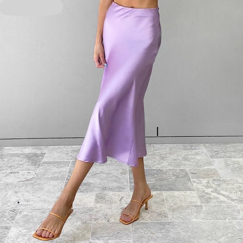 jinran  Solid Purple Satin Silk Skirt Women High Waisted Summer Long Skirt New Elegant Ladies Office Skirts Midi Spring