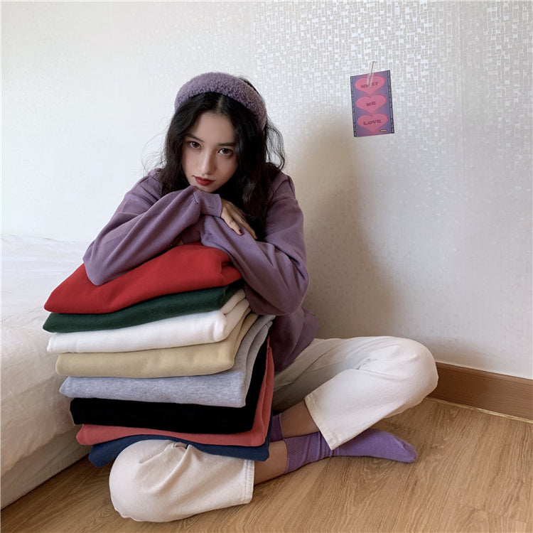 jinran Hoodies Women Winter Solid Color New Fleece Korean Harajuku Sweatshirt Long Sleeve Basic Womens Pullover 9 Colors