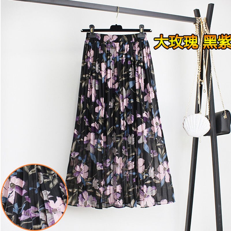 jinran Women Summer Boho Chiffon Long Skirt Elegant Floral Print Pleated Skirts Elastic High Waist Casual Midi Skirt Women Clothes 2021