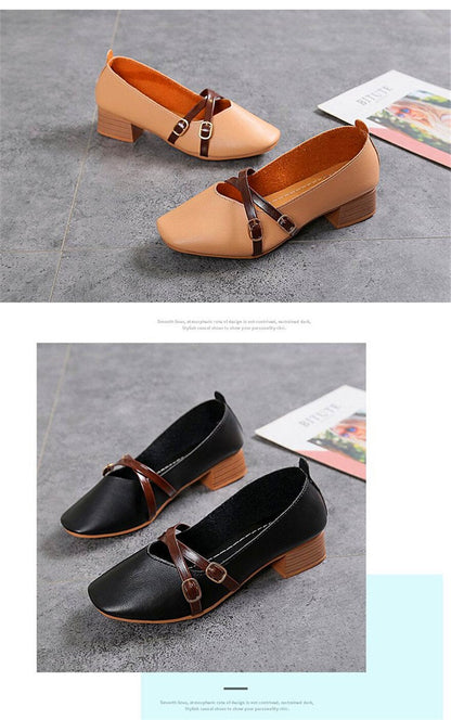 jinran Casual Women Shoes 2022 New Fashion Belt Buckle Shallow Woman Pumps Square Toe Soft Leather Med Heels Work Ladies Pregnant Shoes