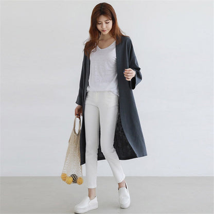 jinran 2022 Summer New Solid Color Linen Long Sunscreen Cardigan Trench Casual All Match Loose Full Sleeve Women Coats