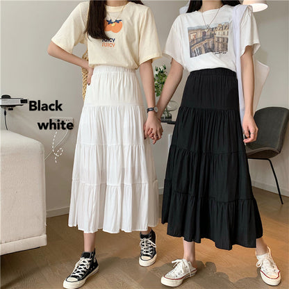 jinran Women High Waist Elegant Wild A Line Cake Skirts Summer Korean Solid White Black Chiffon Shirts Beach Vacation Midi Shirts