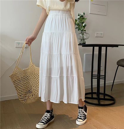 jinran Women High Waist Elegant Wild A Line Cake Skirts Summer Korean Solid White Black Chiffon Shirts Beach Vacation Midi Shirts