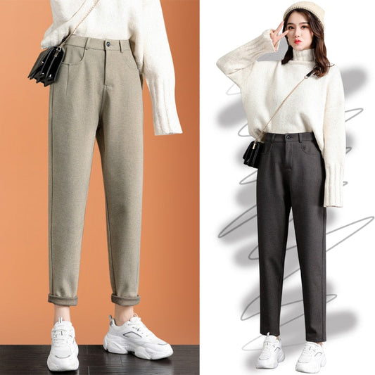 jinran New Fashion Korean Woolen Harlan Loose Daddy Pants Women'S 2022 Autumn And Winter Leisure High Waist Nine Point Radish Trousers