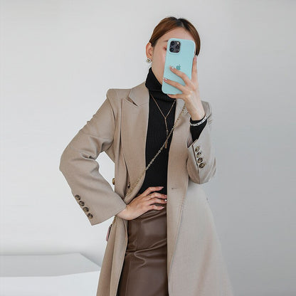 jinran 2022 Autumn New England Suit Coats Turn-down Collar Fashion Single-breasted Button Long Solid Color Slim Coats