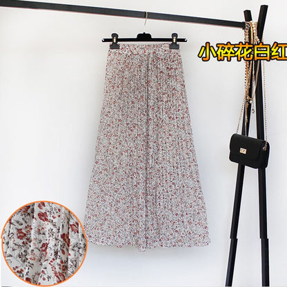 jinran Women Summer Boho Chiffon Long Skirt Elegant Floral Print Pleated Skirts Elastic High Waist Casual Midi Skirt Women Clothes 2021